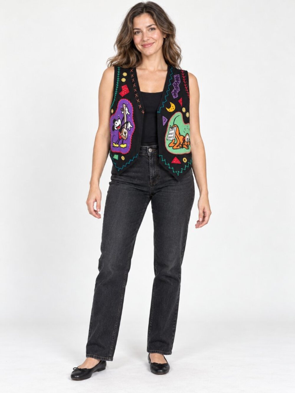 Disney Black Vest with Colorful Mickey & Pluto Appliqués